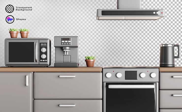 PSD kahve makinesi, su ısıtıcısı, mikrodalga fırın ve bitkiler olan mutfak ahşap masa üstü 3d render beyaz fayans duvar üzerinde gri dolaplar, gazlı ocak, davlumbaz olan modern mutfak odası iç mekanı