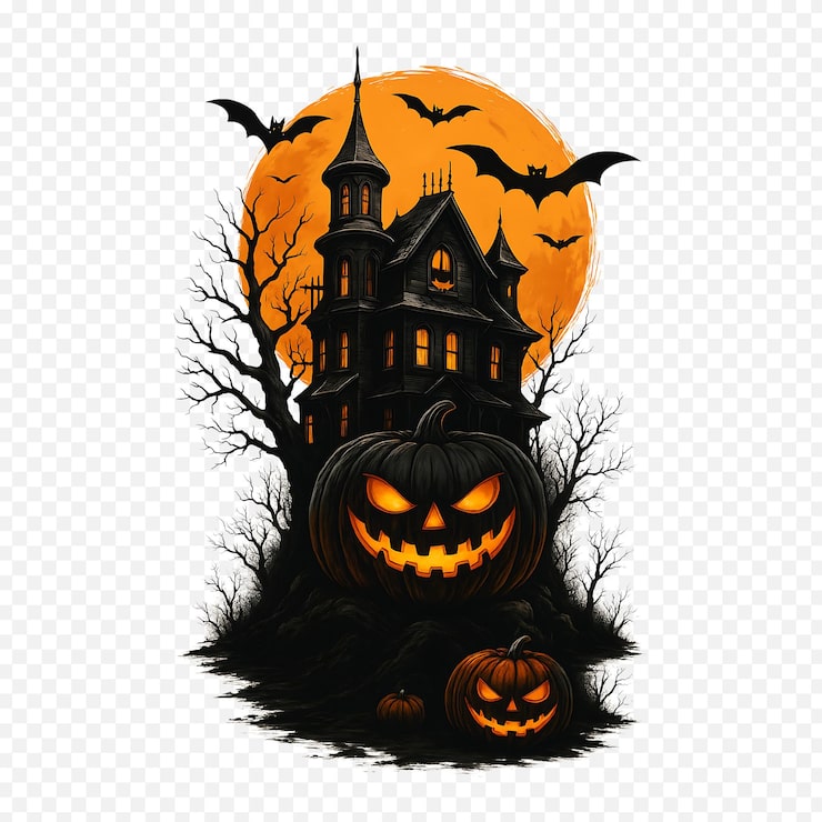 PSD kuslig halloween-scen: spökhus, pumpor, fladdermöss och fullmåne