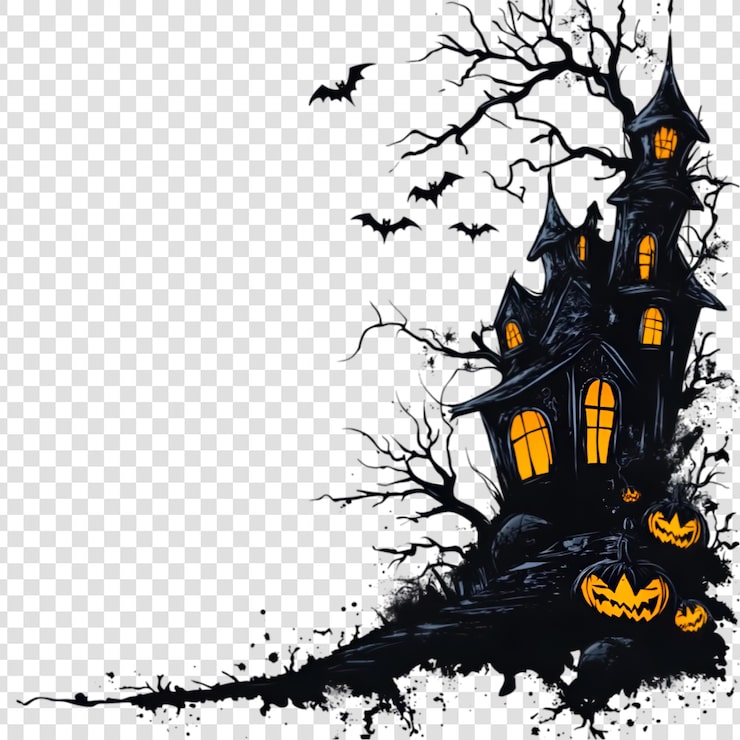 PSD läskig halloween-slotts silhuett med fladdermöss och månsken på en transparent bakgrund