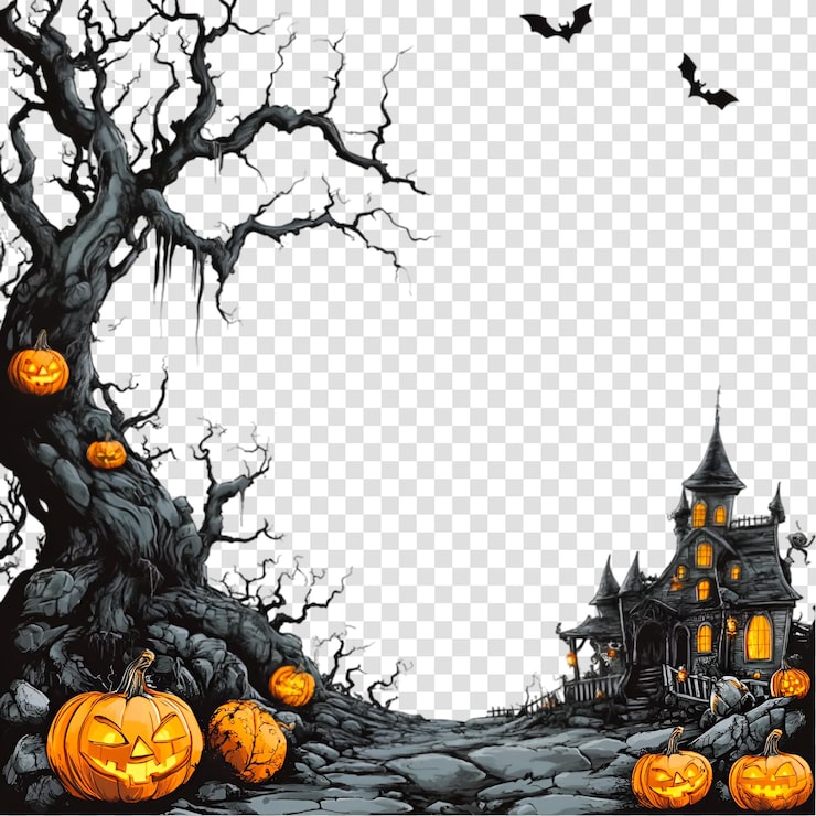 PSD läskig halloween-slotts silhuett med fladdermöss och månsken på en transparent bakgrund