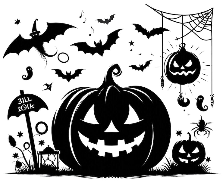 PSD läskiga halloweenpumpaelement siluettvektorillustration isolerad på vit bakgrund
