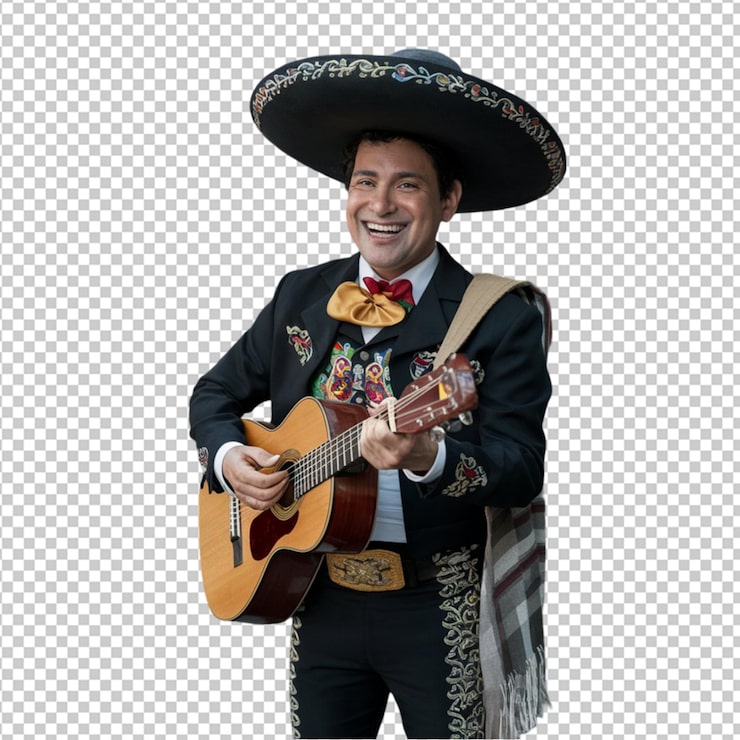 PSD leende mexikansk man i traditionell mariachi-dräkt isolerad