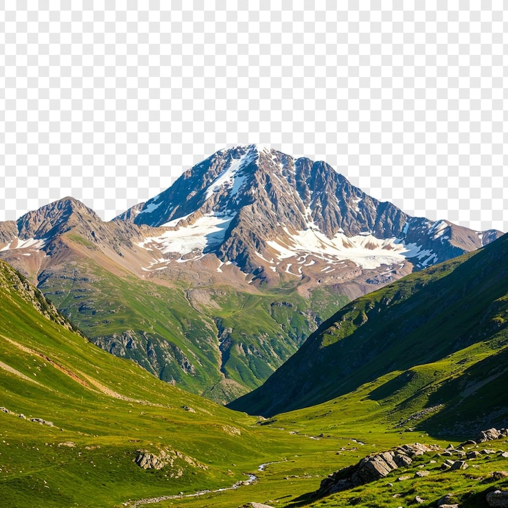 PSD majestätisk bergstopp och frodig grön dal