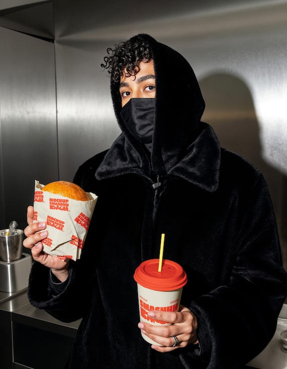 Man in a black coat holding burger and drink