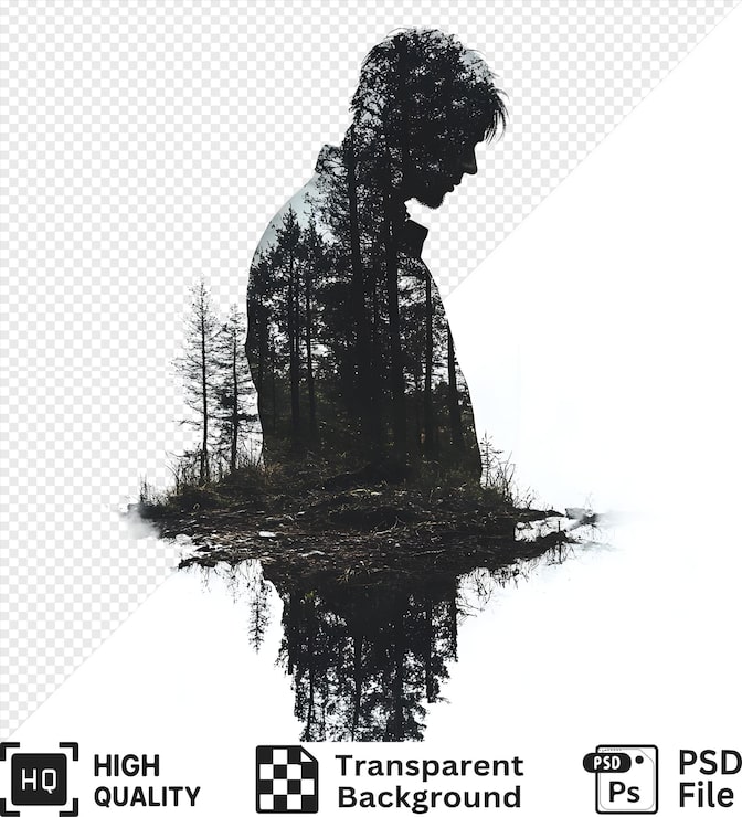 PSD 与森林景观融合的人的轮廓，隔离在透明背景上