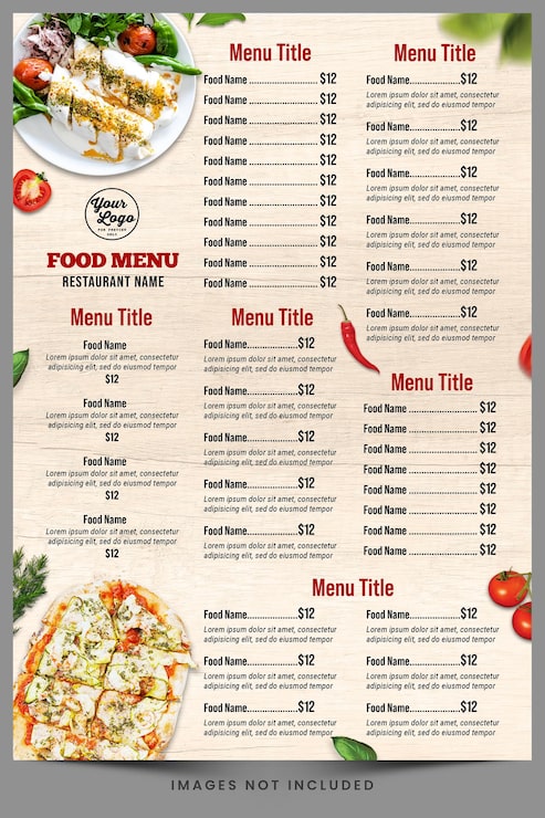 PSD menu dla restauracji zwanej pizzerią.