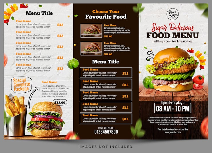 PSD menu na super pyszne jedzenie jest wyświetlane na stole.