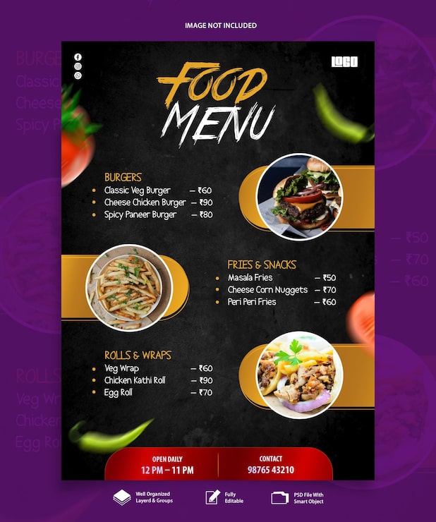 PSD menu restauracji – burgery, frytki, bułki, wrapy