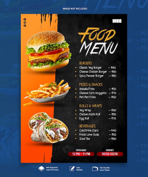 PSD menu restauracji z burgerami i frytkami, szablon ulotki