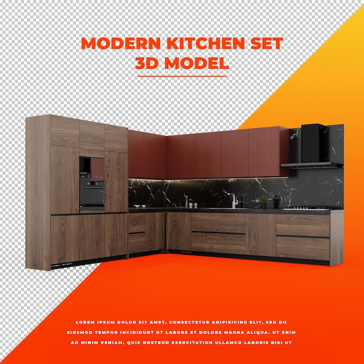PSD mermer mutfak setli modern ahşap 3d izole model