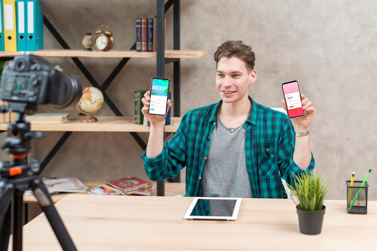 PSD mid shot blogger met mock-up telefoons