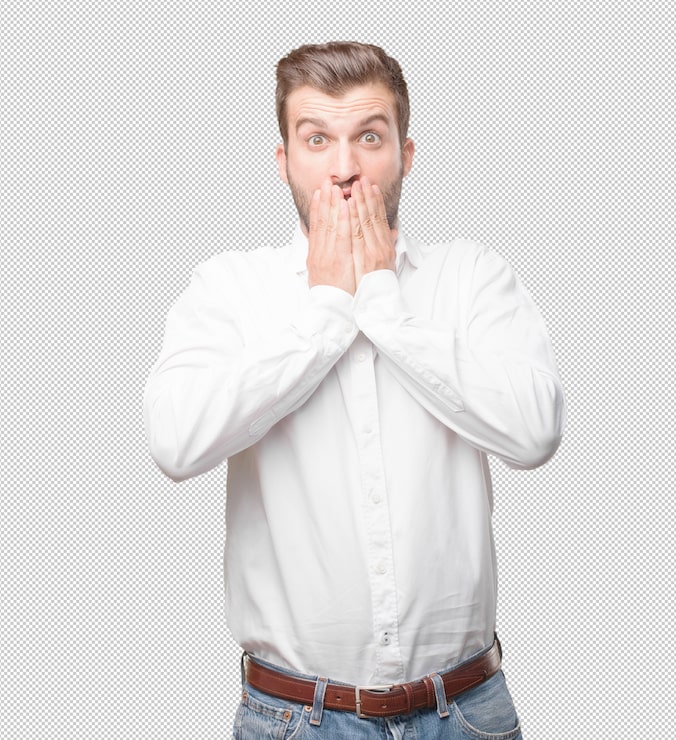 PSD młody przystojny mężczyzna zakrywa jego usta