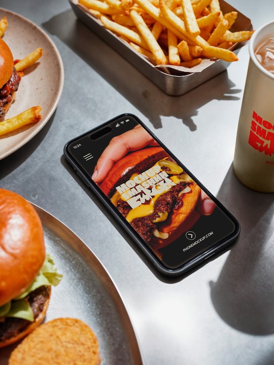Mockup of a smartphone displaying a burger on a table with fries and soda