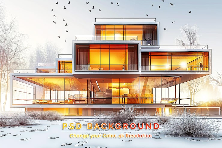 PSD modern gezellig huis aan de rivier met garage koele winter avond met gezellig warm licht