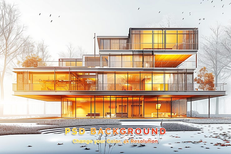 PSD modern gezellig huis aan de rivier met garage koele winter avond met gezellig warm licht