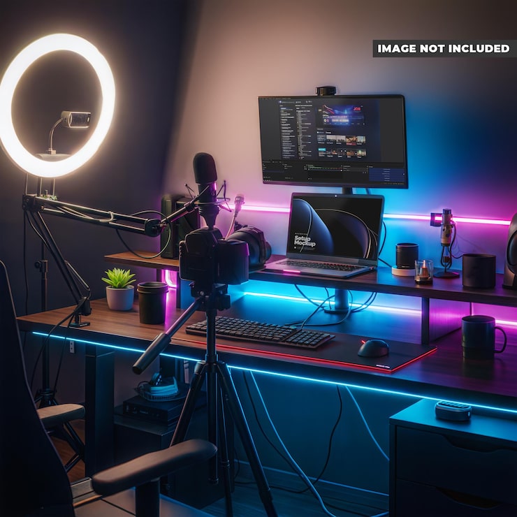 PSD moderne gaming- en streamingbureau-opstelling met neonverlichting