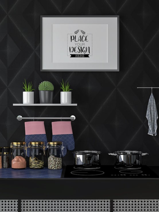 PSD mutfak odasında iç mekan poster çerçevesi mockup'ı