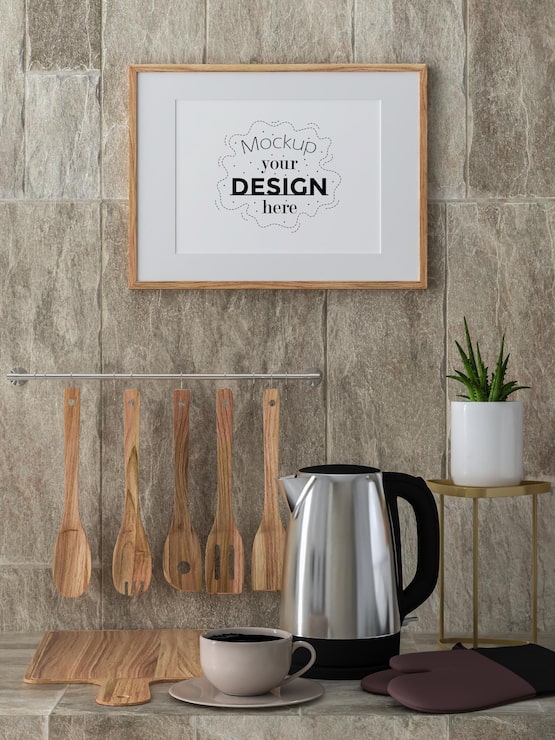 PSD mutfak odasında iç mekan poster çerçevesi mockup'ı