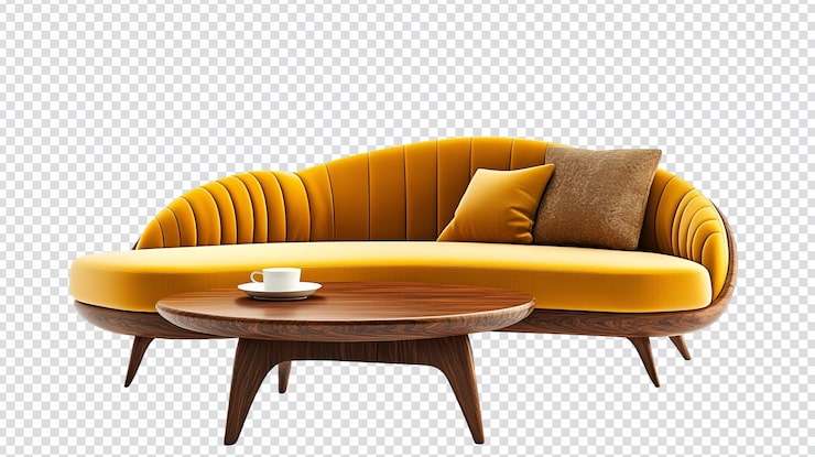 PSD nowoczesna sofa z żółtym aksamitem drewniany stół do kawy średniowieczny projekt