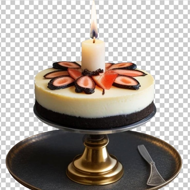 PSD overskæg og tændt stearinlys på en cheesecake