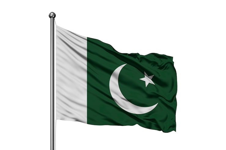 PSD pakistans flagga som vajar på en flaggstång mot en vit bakgrund