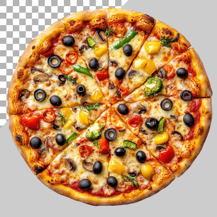 PSD pizza z grzybami szynkowymi i kawałkami pomidorów na szczycie skupiona na drewnianej płytce izolowanej na przezroczystym tle