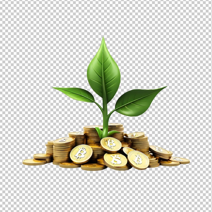 PSD plant in gouden munten met een afbeelding van bedrijfsgroei geïsoleerd op een doorzichtige achtergrond