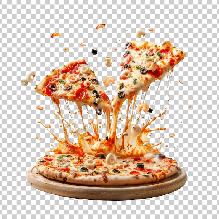 PSD png eksplodująca pizza z owocami morza eksplodujący ser przezroczysty tło