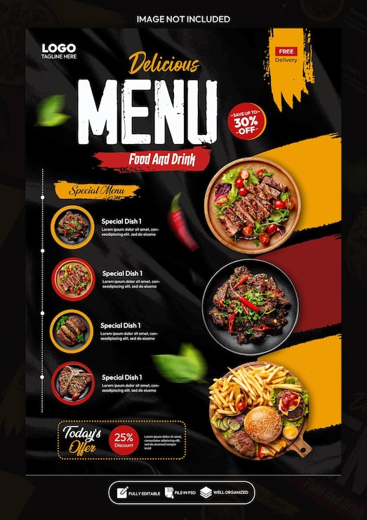 PSD projekt plakatu z menu specjalnym restauracji na eid al-adha