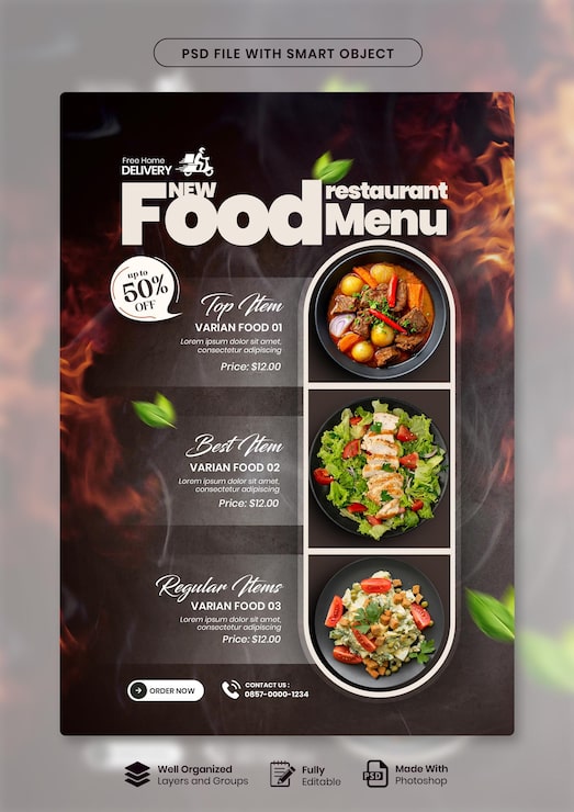 PSD projekt plakatu z menu specjalnym restauracji