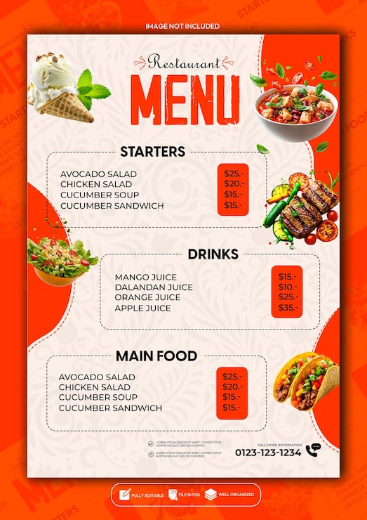 PSD projekt szablonu plakatów menu specjalnych restauracji
