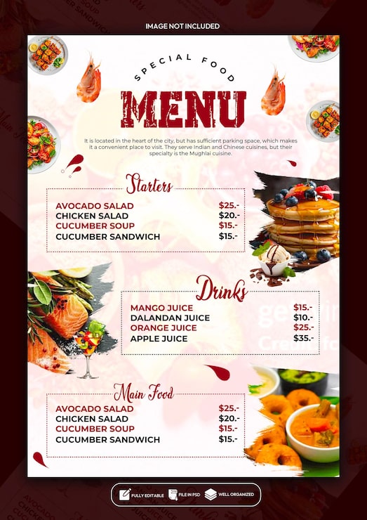 PSD projekt szablonu plakatów menu specjalnych restauracji