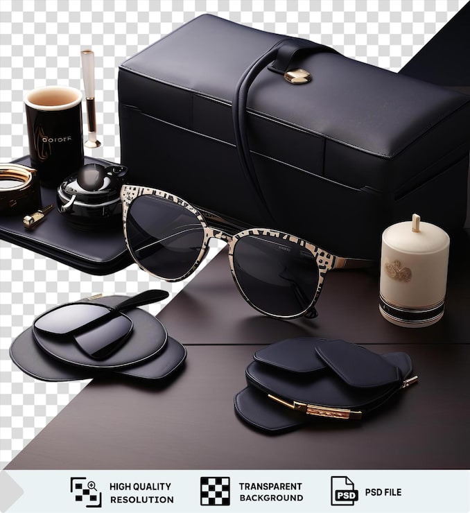 PSD psd picture luxe designer bril collectie set weergegeven op een zwarte tafel met een witte kaars vergezeld van een paar zwarte zonnebril