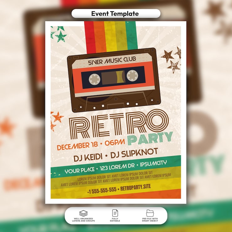 PSD psd retro fest flyer og social media post skabelon