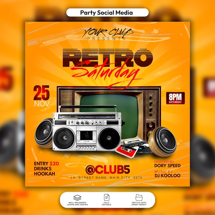 PSD psd retro lørdag aften festflyer og skabelon til opslag på sociale medier