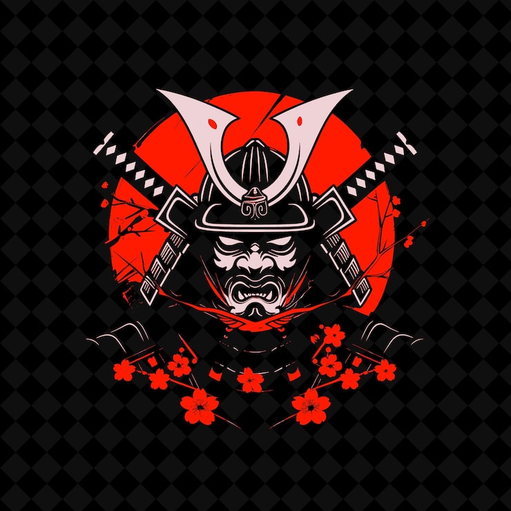 PSD raivokas samurai soturi logo miekoilla ja kirsikankukilla abstraktit vektorisuunnittelukokoelmat