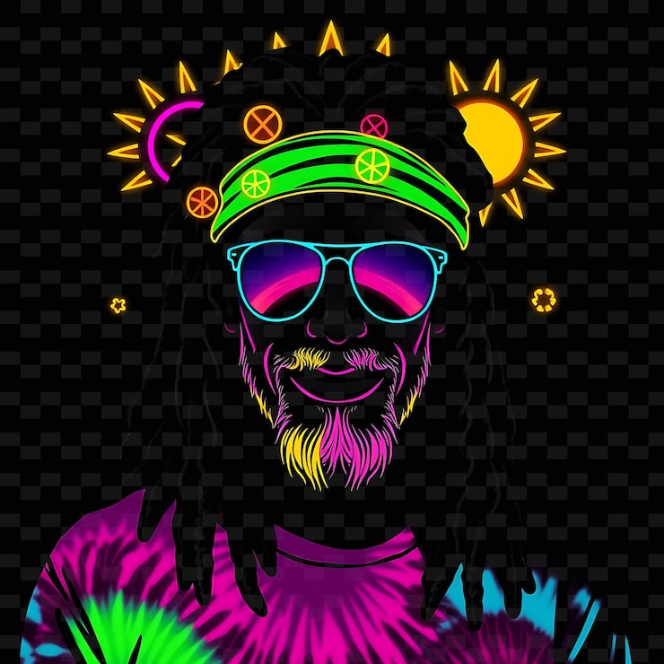PSD rasta saçlı serseri gökkuşağı temalı neon batik sanat design'ı ve barış sembolleri ile süslenmiş