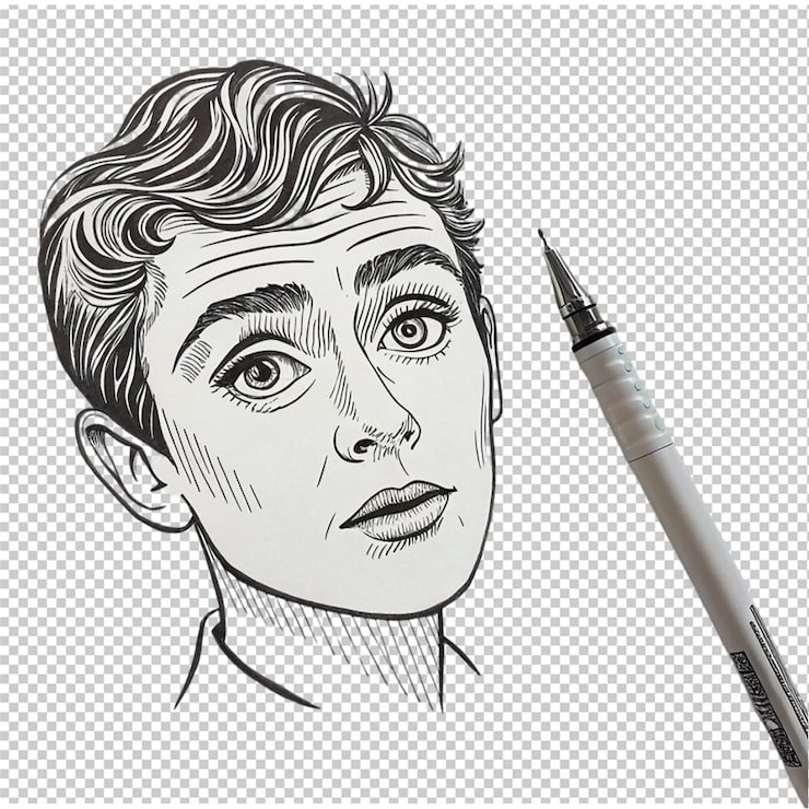 PSD ręcznie narysowana ilustracja wektorowa pięknej, pewnej siebie kobiety monochromatyczny obraz pokojowy wyraz twarzy młodej damy