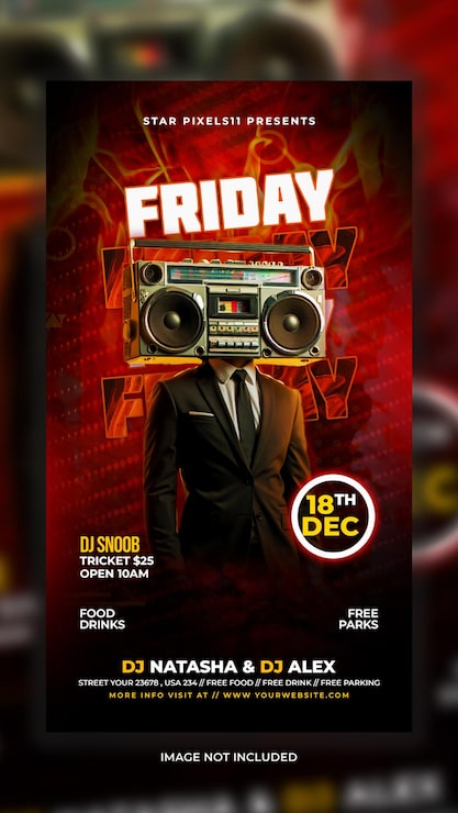 PSD retro fredagsfest-flyer med dj med boombox-hoved.