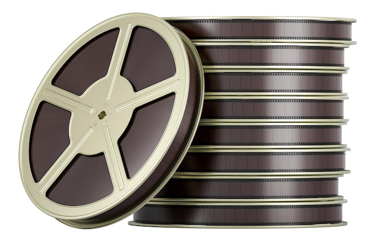 PSD şeffaf arka planda izole edilmiş film makaraları yığını 3d render
