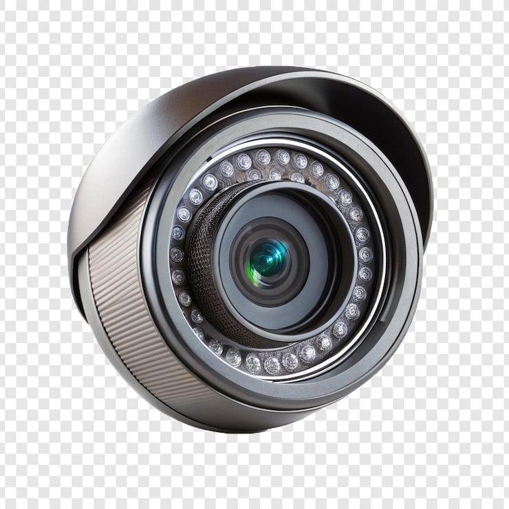 PSD şeffaf bir arka planda izole edilmiş bir cctv hatları kamera merceği