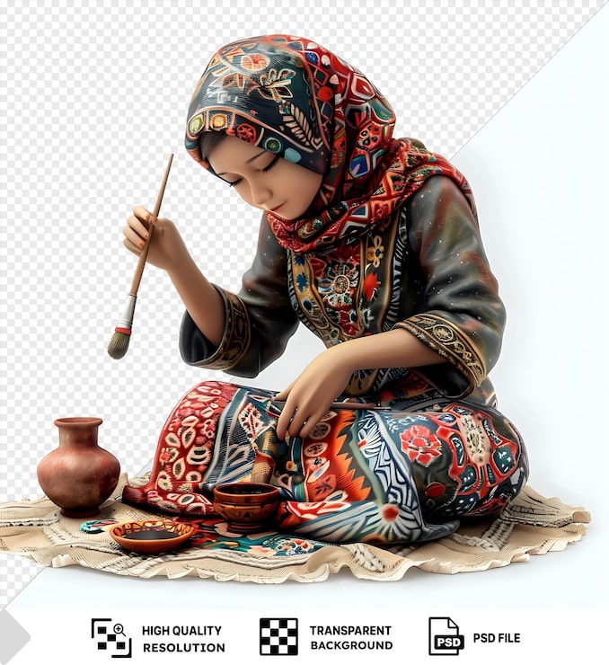 PSD şeffaf bir arka planda kumaş üzerine karmaşık tasarımlar boyayan, küçük kahverengi bir kase, kırmızı bir eşarp ve bir elin eşlik ettiği 3 boyutlu malezyalı karikatür batik sanatçısı portresi