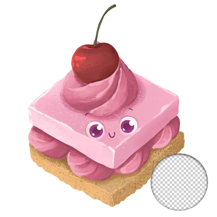 PSD słodki tort wiśniowy w stylu kawaii na białym tle