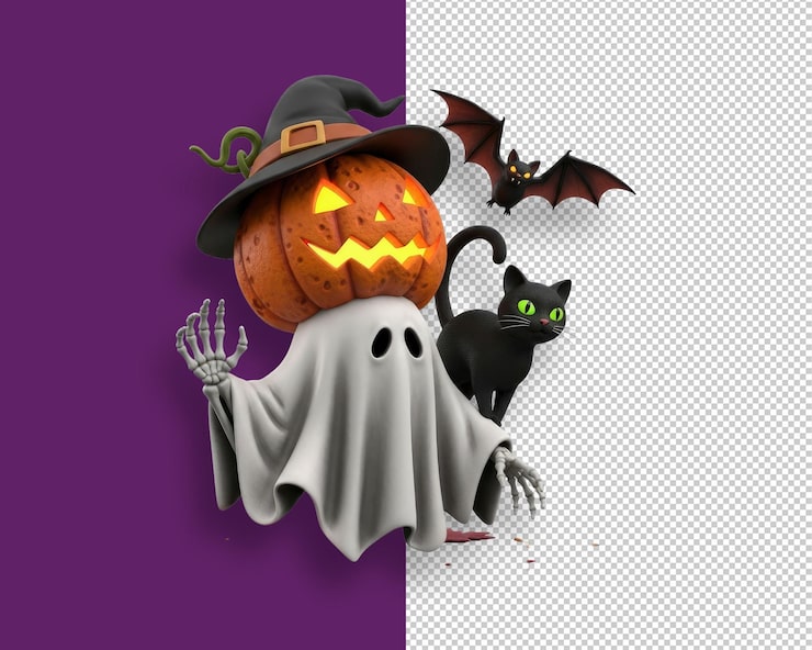 PSD spöklik halloween karaktär med pumphuvud fladdermus och svart katt