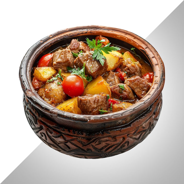 PSD stuva kött med potatis och tomater isolerad på transparent bakgrund