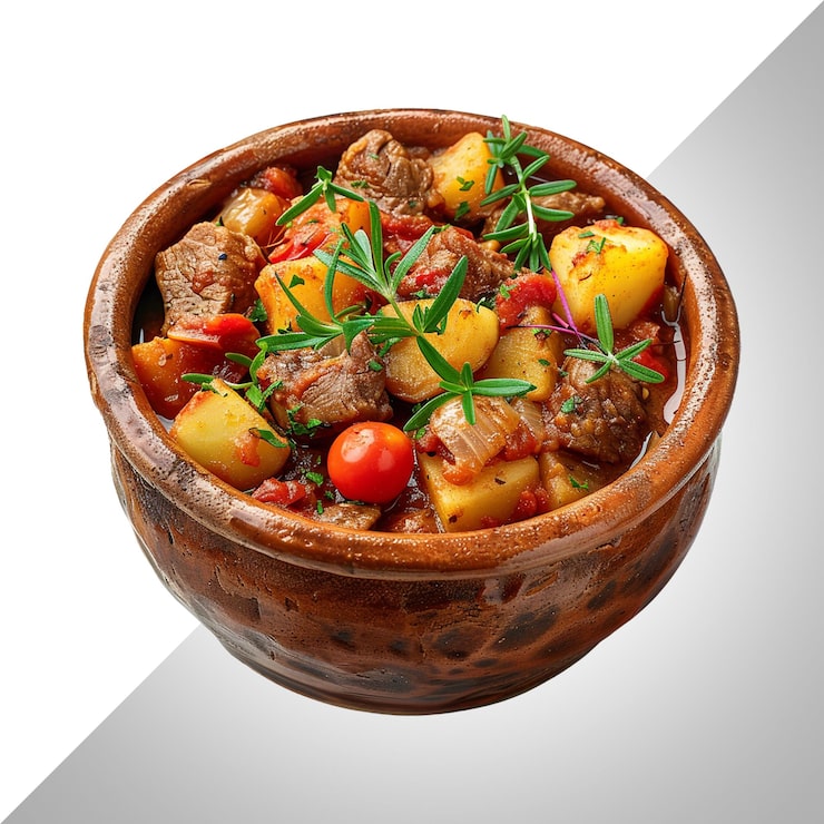 PSD stuva kött med potatis och tomater isolerad på transparent bakgrund