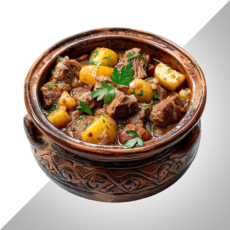 PSD stuva kött med potatis och tomater isolerad på transparent bakgrund