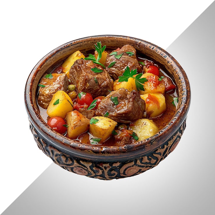 PSD stuva kött med potatis och tomater isolerad på transparent bakgrund