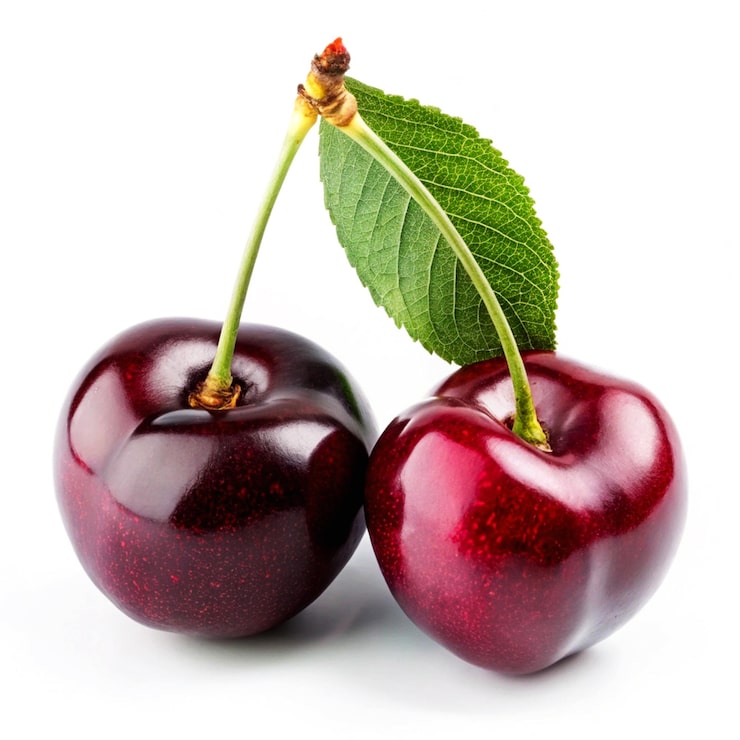 PSD två körsbär med ett grönt blad som säger "cherry" på den