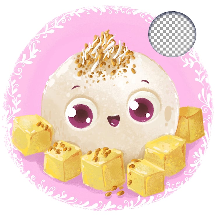 PSD uśmiechnięte mochi ze złotymi kostkami mango.